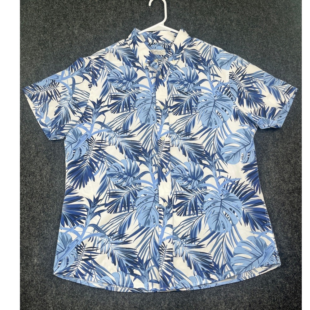 Cotton & Co Tropical Palm Leaf Button Down Shirt Mens Large Blue White Hawaiian